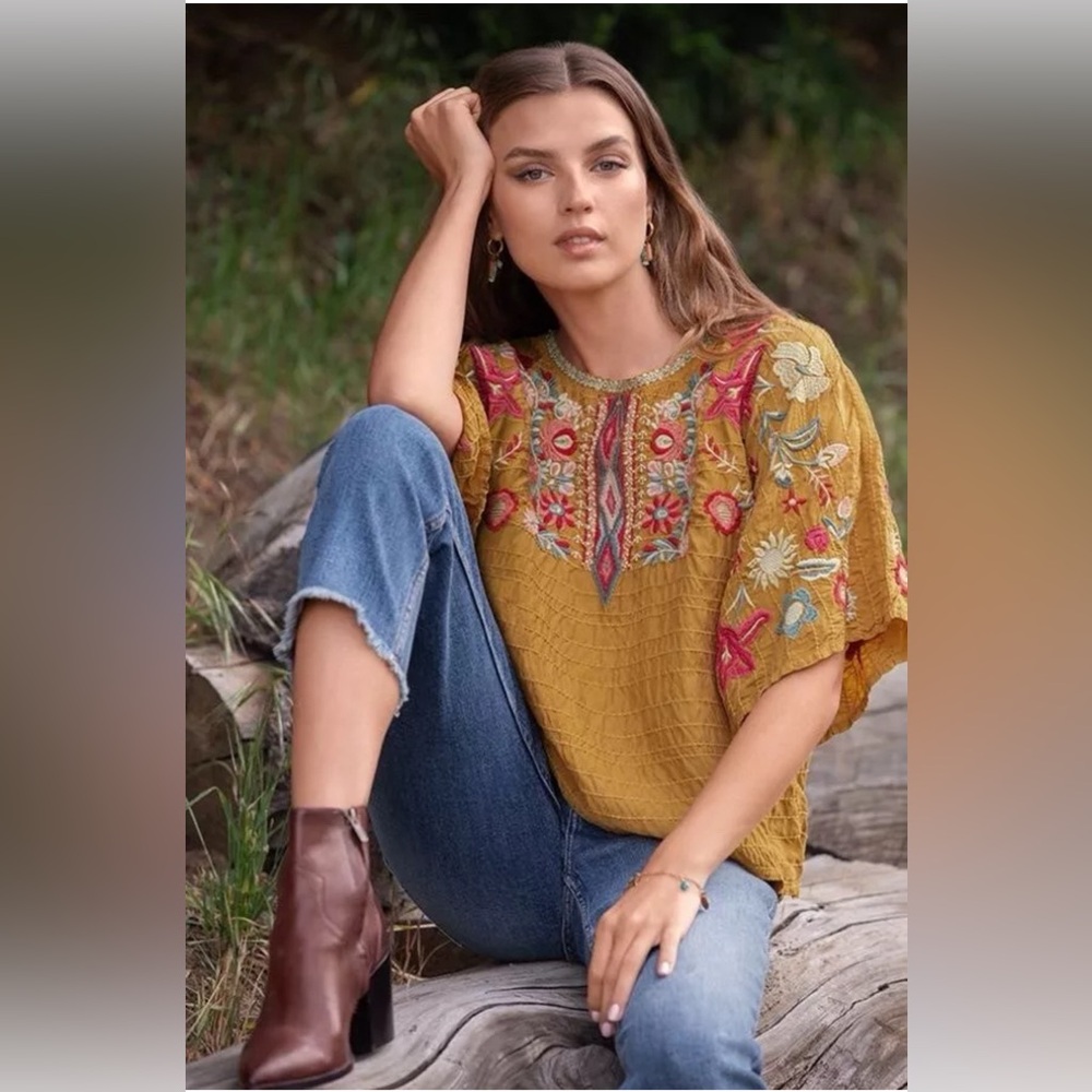 Johnny Was Biya Boho Embroidered Floral  Kimono Sleeve Sur Cupra Blouse